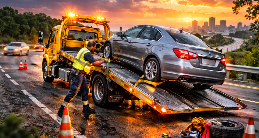 Professional tow truck service helping a stranded vehicle