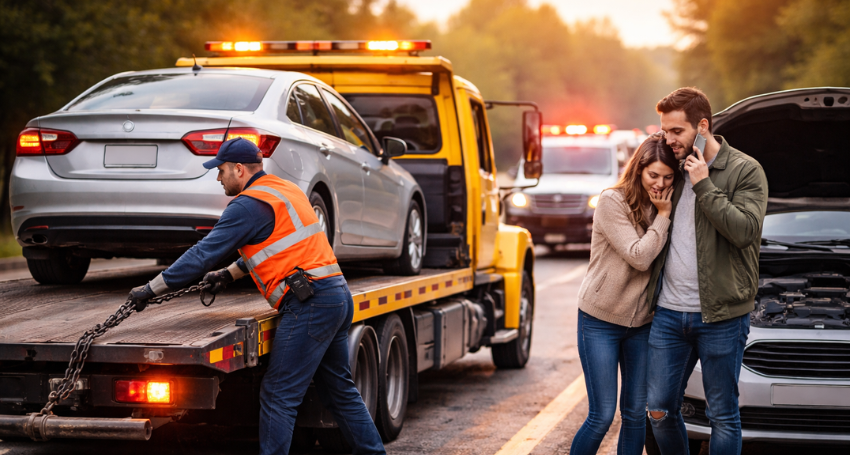Why Professional Towing Services Matter in Emergencies – tow truck assisting a broken-down vehicle
