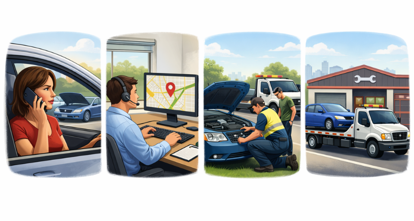 How roadside assistance works step by step, with a tow truck