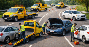 Emergency road service truck assisting a stranded vehicle